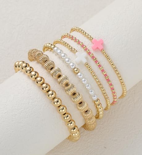 Gold Beaded Bracelets for Women, 14K Real Gold Plated Jewelry for Women Dainty Pearl Bead Bracelets Stack, Non Tarnish Trendy Stackable Ball Cross Stretch Bracelet Set Fashion Accessories Gifts - color: Gold pink cross bead