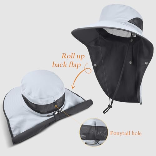 Womens Sun Hat Wide Brim UPF50+ Outdoor Sun Protection Ladies Fishing Hat with Neck Flap Detachable Face Cover - color: Light Grey