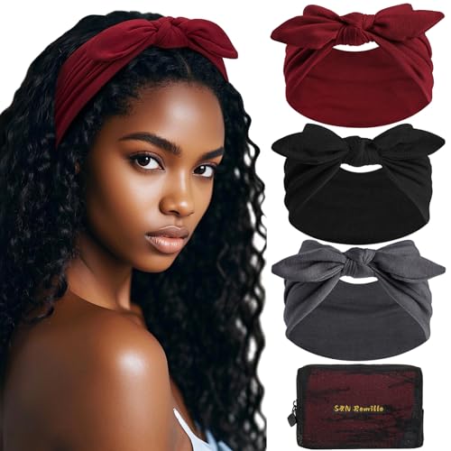 S&N Remille Wide Headbands for Women, Large Hairband, Elastic Non-Slip Headband Twist Knotted Accessories, Yoga Workout Vintage Hair 3 Pack (Multi-colored-4) - color: Multi-colored-4
