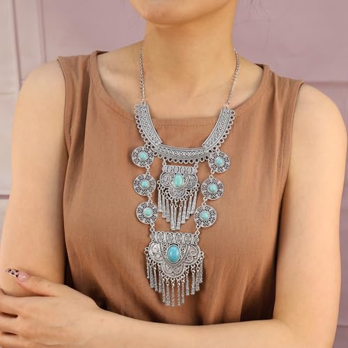 Bethynas Bohemian Ethnic Tribal Chunky Necklace Multilayer Long Tassel Turquoise Statement Neck Chain Retro Coin Gemstone Exaggerated Costume Accessories for Women - color: C-Blue