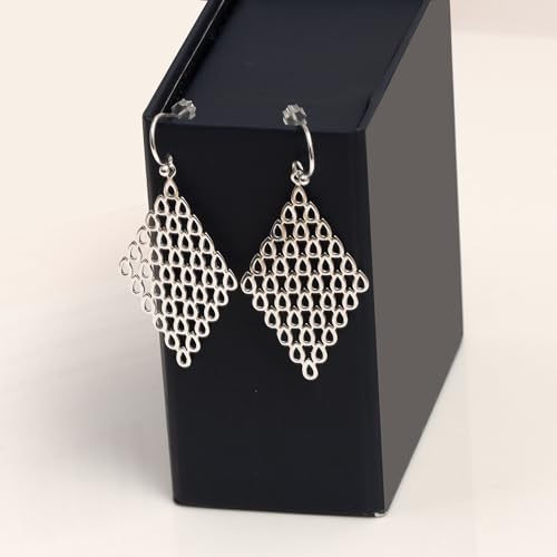 LeCalla Sterling Silver Dangle Earrings for Women | 925 Sterling Silver Long Interlocked Handmade Textured Drop Earring for Women - color: Mesh Briolette Chandelier