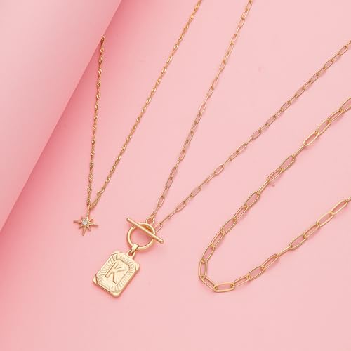Paxuan Dainty Gold 3-Layer Personalized Initial Necklace for Women - 18K Gold Layered Letter Pendant Necklace Adjustble Paperclip Chain Choker Necklace Jewelry Gifts with Star Charm - style: Letter K