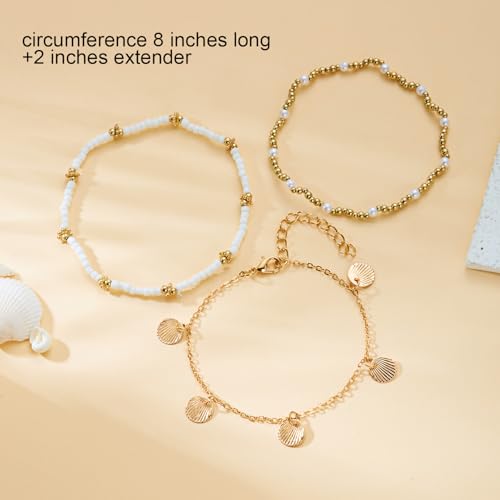 Gold White Beads Shell Pendant Layered Anklet Set for Women, Boho Handmade 3Pcs Golden Beaded Pearl Anklets Summer Beach Ocean Accessories Jewelry Gift
