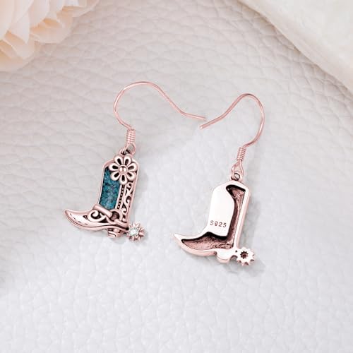 Western Earrings for Women 925 Sterling Silver Turquoise Western Country Dangle Drop Earrings Country Jewelry Gifts for Cowgirl Cowboy - style: Cowboy Boot-A Rose Gold