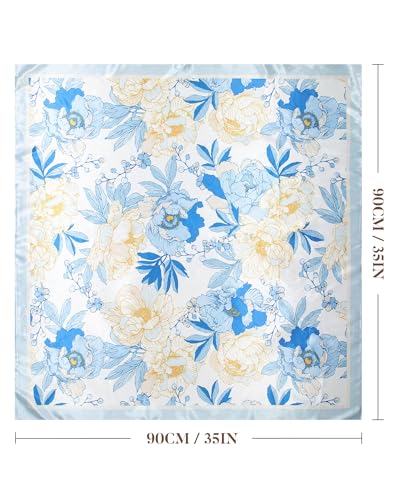 AWAYTR 35” Square Satin Head Scarf Hair Scarf for Women's Hair Silk Bandana for Women Silk Head Wrap for Sleeping - color: Flower (Light Blue)