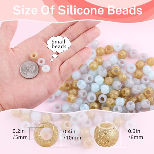 150Pcs 10mm Small Glitter Silicone Beads for Hair Braids, Soft Jellyish Pony Hair Beads with 5mm Hole + 50 Rubber Bands and 1 Beader for Braiding, DIY Bracelets Necklaces Crafts (Gold Silver Mix) - color: Glitter Gold Silver Mix