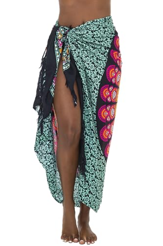 SHU-SHI Sarong Wraps for Women Long Beach Cover ups Pareo Bathing Suit Wrap Skirt Mandala Sarongs Coverup - color: Black/Tosca/Orange