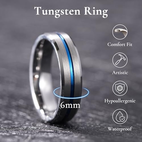 King Will Mens Tungsten Rings for Men Two Tone Grooved Mens Wedding Band Cool - color: Silver & Blue 6mm