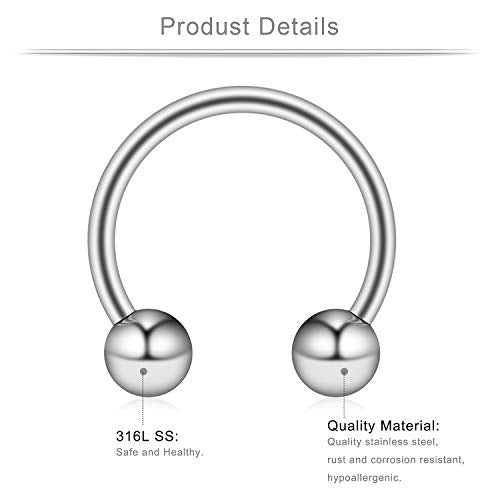 Ruifan 16G Surgical Steel CBR Nose Septum Horseshoe Earring Eyebrow Tongue Lip Nipple Helix Tragus Piercing Ring 6-16mm - color: 6PRS - Silver