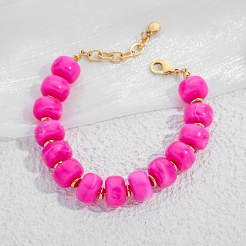 Chunky Beaded Bracelets for Women Boho Multicolor Acrylic Resin Beads Bracelet Adjustable Statement Bracelet Summer Beaded Jewelry - color: Beads bracelet-rose red