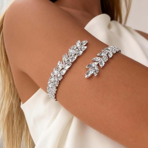 Gold Rhinestone Arm Cuff Bracelet for Women Adjustable Sparkly Upper Arm Cuff Wedding Party Jewelry - color: A1:silver arm cuff