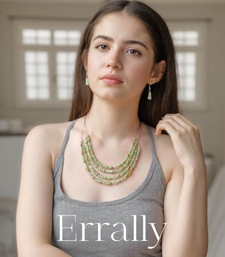 Errally Layered Beaded Statement Necklace Multi Strand Crystal Beads Collar Necklace and Earring Sets for Women Fashion Costume Jewelry Set Gifts for Her - color: Green