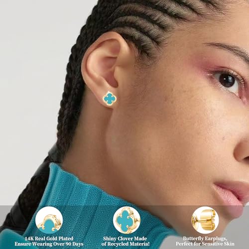Elegant Black Onyx Clover Stud Earrings, 14K Gold Plated Four Leaf Hypoallergeinc Stud Stainless Steel Flower Earring Lucky Simple Jewelry Gift for Women Shiny Multiple Onyx Colors - color: Light Blue Clover Stud Earrings