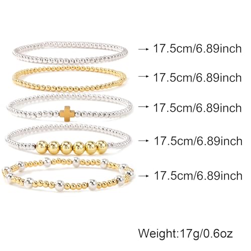 Silver Gold Beaded Bracelets for Women Stackable 14K Gold Plated Beads Ball Cross Bracelet Stack Non Tarnish Elastic Stretch Trendy Jewelry Christian Friendship Christmas Gifts for Women - color: 5pcs-Gold Cross