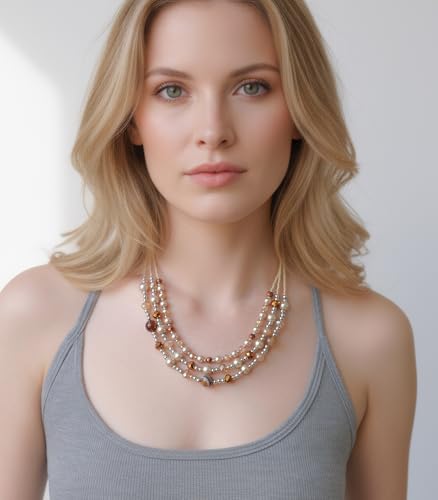 Noessla Beaded Statement Necklaces for Women Layered Chunky Bead Necklace Fashion Costume Jewelry Gifts for Mom - color: Champagne Brown