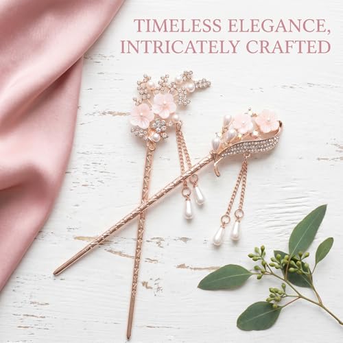 2 Pcs Rhinestone Pearl Flower Hair Stick Chinese Hair Chopsticks Vintage Tassel Hair Pin Chignon Pin Hair Styling Making Accessories for Women