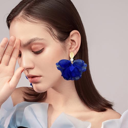 Handmade Fabric Flower Petal Fringe Dangle Drop Earrings Bohemian Floral Tassel Stud Earrings For Women - color: Royal Blue