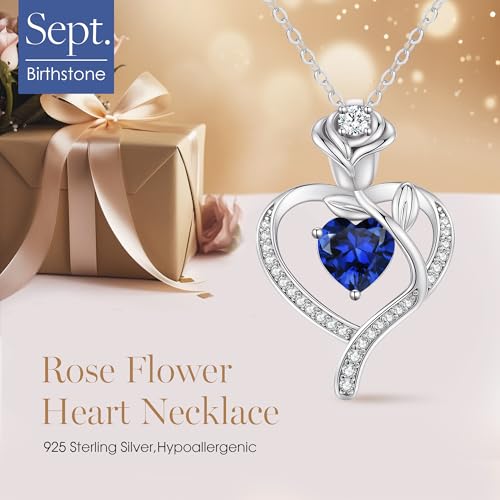 LOUISA SECRET Rose Flower Heart Birthstone Necklaces for Women, 925 Sterling Silver Jewelry, Pendant Heart Necklaces Birthday Anniversary Christmas Gift for Women Wife Mom Girlfriend Lady - color: White Gold-09-Sep