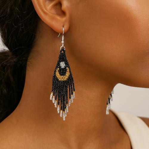 Bohemian Beaded Long Tassel Dangle Earrings for Women, Handmade Jewelry White Tarnish Resistant Lightweight Design, Stylish Accessory for Beach Vacation Party and Gift - color: black