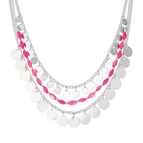 Noessla Layered Beaded Chunky Necklace for Women Boho Two-color Shell Statement Necklace Fashion Collar Costume Jewelry Gifts for Mum - color: 94-Hot Pink