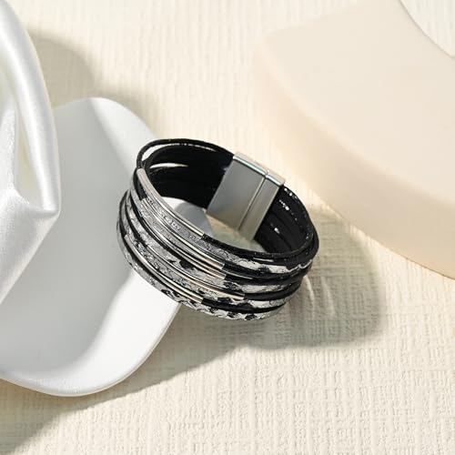 VIBILIA Boho Leather Wrap Bracelets for Women Men Multi-Layer Bracelets with Strong Clasp Western Jewelry - color: 10-Simple Style-Black