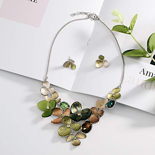AMYJANE Vintage Statement Jewelry Set - Spring Leaf Flower Floral Plant Necklace Earring Set Crystal Rhinestone Fashion Costume Jewelry for Women Prom Party Unique Gift - style: meilian flower jewelry set green