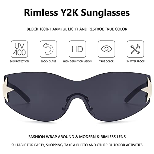 Rimless Y2K Sunglasses for Women Men Wrap Around Fashion Sunglasses Oversized Frameless Trendy Sun Glasses - color: Black Frame / Black Lens