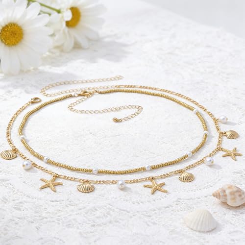 Gold Waist Chain for Women - 2Pcs Layered Body Chain Jewelry with Pearl Shell Beads, Adjustable Mermaid Belly Chain & Bohemian Waist Beads for Beach Summer Vacation Body Jewelry - style: gold shell style