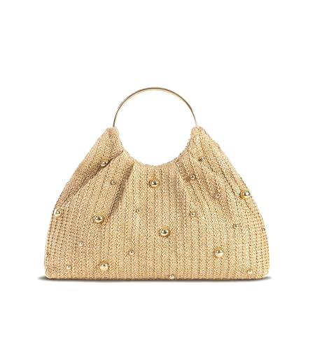 KingTo Straw Beach Bag for Women, Boho Raffia Handbag with Ring Handle | Hand-woven straw texture, gold studs, metal ring handle and magnetic closure lift beach, resort and summer looks