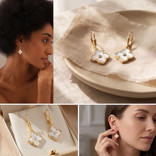 LeCalla 925 Sterling Silver Leverback Drop Earrings | Lightweight Celtic-Knot Filigree Heart Teardrop Dangle Earring for Women's Gift for Her - color: Yellow MOP Clover CZ