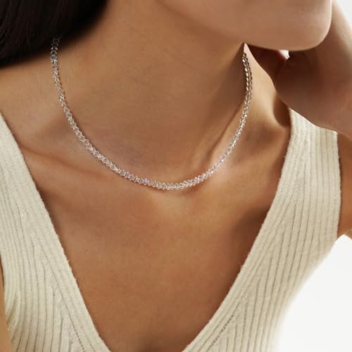 JSJOY Tiny Crystal Beaded Choker Necklaces for Women Colorful Beaded Necklace Dainty Choker Necklaces Simple Boho Jewelry Gifts for Teens Handmade Shining Bead Necklaces Gifts - color: White