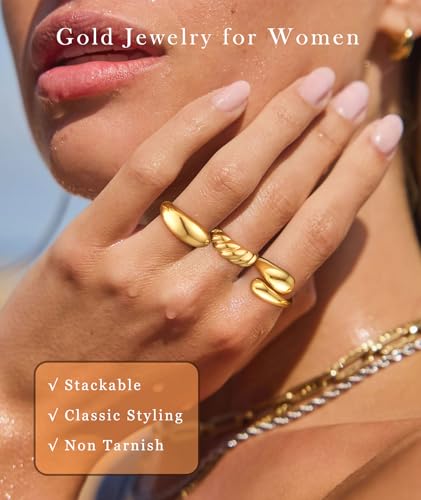ZOERAY Chunky Gold Rings for Women Non Tarnish Trendy 14k Gold Plated Adjustable Signet Band Stackable Thumb Ring Set Open Twist Dome Statement Stacking Rings Jewelry Gifts for Women Size 5-10 - color: B.Croissant Chunky Rings