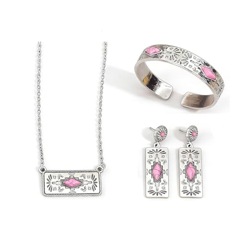 3 Piece Western Boho Pink Stone Jewelry Set for Women Silver Geometric Pendant Necklace Cuff Bracelet and Drop Earrings Bohemian Southwestern Fashion Accessories for Party Festival Everyday Wear Gift for Her