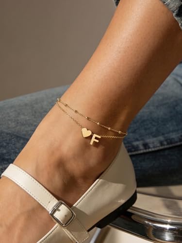 Silvora Ankle Bracelets for Women Waterproof 14K Gold/Silver/Black Initial Anklet for Women Dainty Layered Heart Ankle Bracelets Stainless Steel Adjustable Foot Chain Anklet Summer Beach Jewelry - color: Gold-14K Gold Plated, size: 06.F