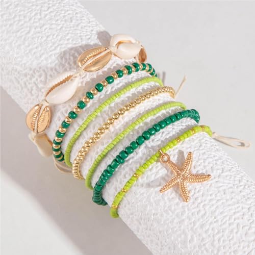 Pingyongchang Bohemian Stackable Shell Beaded Ankle Bracelets for Women Colorful Boho Multi-Layer Seashell Gold Starfish Adjustable Handmade Braid Bracelet Summer Beach Holiday Accessories Gifts - color: Green