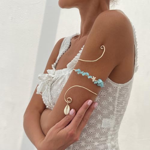 XAM Arm Cuff Upper Arm Bracelet for Women Adjustable Flower Sea Shell Leaf Feather Open Upper Arm Bangle Bracelet Boho Summer Holiday Jewelry - color: StyleB