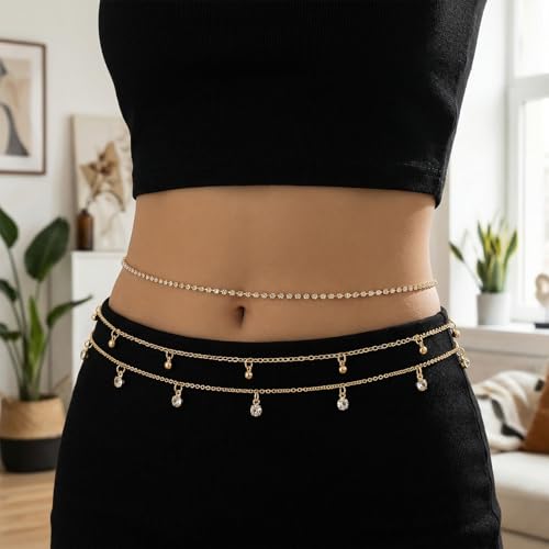 8Pcs Gold Waist Chain Set for Women Sexy Belly Body Chains Pearl Sequin Snake Bead Chains Belt Beach Bikini Jewelry Accessories Set Adjustable for Summer Beach Holiday Party - color: Set 1