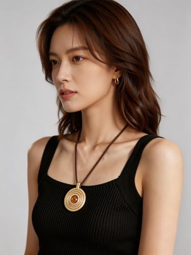 Kelake Leather Necklace for Women Men Teen Vinatge Boho Alloy Pendant Choker Jewelry Fashion Sweater Necklaces with Adjustable Genuine Leather Chain - color: Brown Jade Gold Concentric Circle Pendant