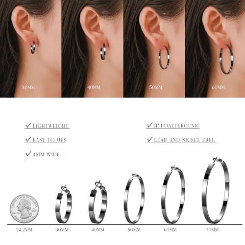 EXGOX Silver Hoop Earrings for Women - Sterling Silver & 14K Gold Plated - Hypoallergenic 925 Silver - Big Hoop Earrings (30/40/50/60/70mm) - color: 4MM Wide-Black 30mm