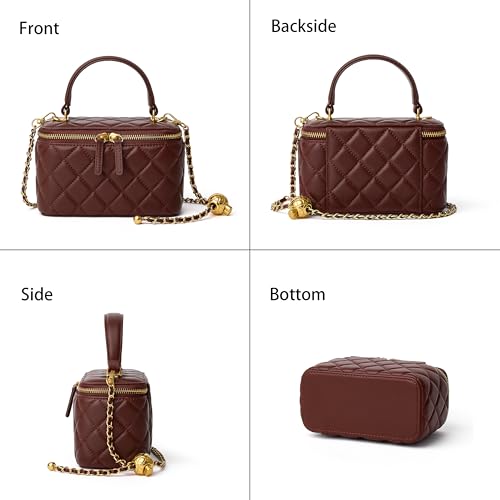 DORIS&JACKY Small Quilted Box Crossbody Purse For Women, Designer Lambskin Leather Mini Top Handle Tote Bag With Chain Strap - color: 5-wine Red
