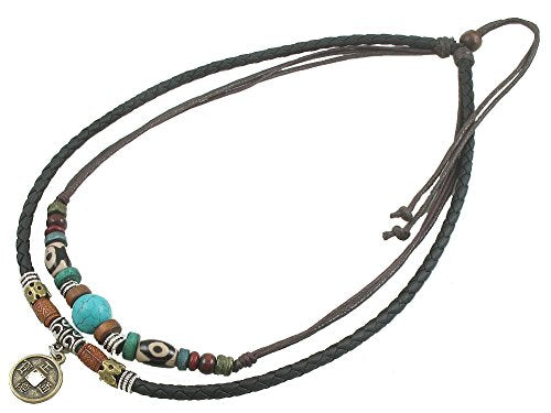 Ancient Tribe Boho Hemp Leather Choker Necklace with Turquoise Bead and Pendant, Adjuatable 15 Inches