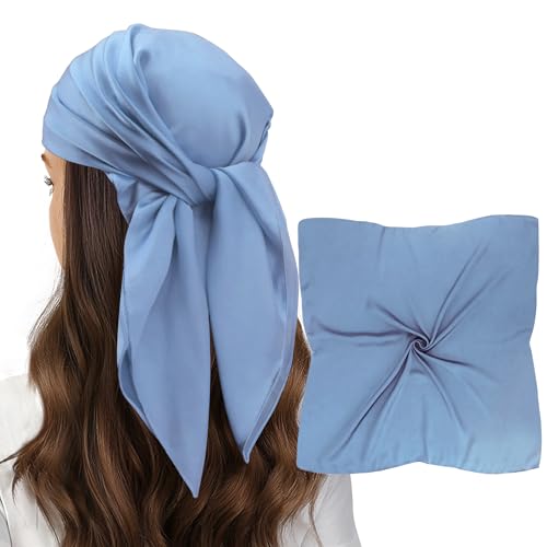 vimate Head Scarf for Women Hair 27'' Square Satin Silk Feeling Bnadana Neck Scarf Handbag Accessories Etc - color: C72#. Haze Blue