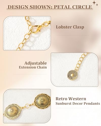 AWAYTR Chain Belt for Women – Adjustable Boho Metal Waist Chain Belt Gold Sliver for Dresses Jeans Country Concert Outfit - color: Gold-petal Circle