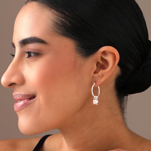 LeCalla 925 Sterling Silver Beaded Ball Hoop Earrings | Lightweight Sleeper Bead Ball Earring Hoops | Cape Style Hoop Earrings for Women - color: Freshwater Pearl Classic