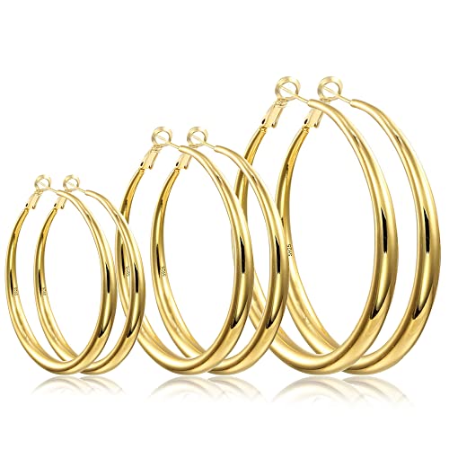 EXGOX Sterling Silver Hoop Earrings - Hypoallergenic, Lightweight, Chunky, 14K Real Gold Plated, Big Large Hoops for Women - color: 40/50/60mmGold
