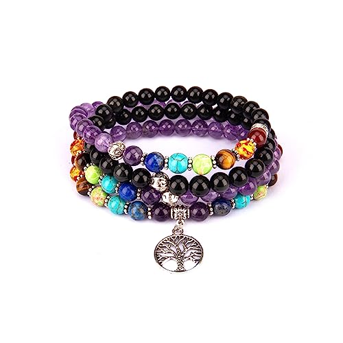 108 Mala Beads Necklace 7 Chakra Buddhist Prayer Beaded Bracelet Tree of Life Pendant Stone Yoga Necklace - color: Amethyst-Obsidian