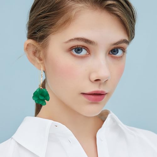 Boho Flower Dangle Earrings for Women Long Drop Resin Acrylic Tiered Petal Statement Earrings Handmade Lightweight Vintage Floral Chunky Drop Jewelry - color: Green