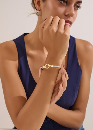WOWORAMA Twisted Cable Wire Cuff Bracelets for Women Two Tone Gold Silver Cuff Bracelet Unisex Mixed Metal Bangle Bracelets Jewelry - color: Silver Circle