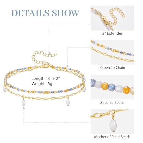 KissYan Layered Ankle Bracelets for Women, Summer Beaded Anklets Waterproof Adjustable Handmade Jewelry Gifts - color: Blue