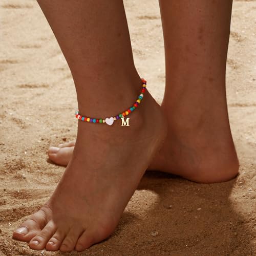 Honsny Ankle Bracelets for Women Initial Anklets Waterproof Boho Beaded Dainty Ankle Bracelets for Teen Letter Heart Handmade Adjustable Foot Chain Anklet Summer Vacation Colorful Jewelry Gift - style: M